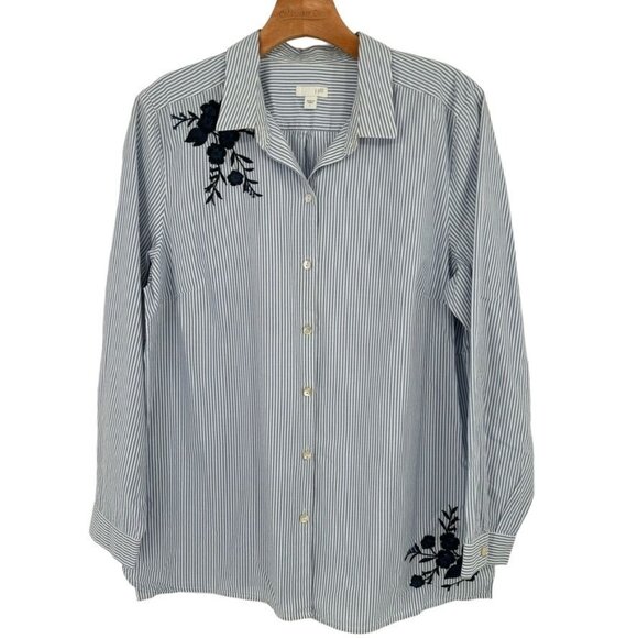J Jill Womens Blue Striped Embroidered Button Front Long Sleeve Shirt Size Large - Picture 1 of 10